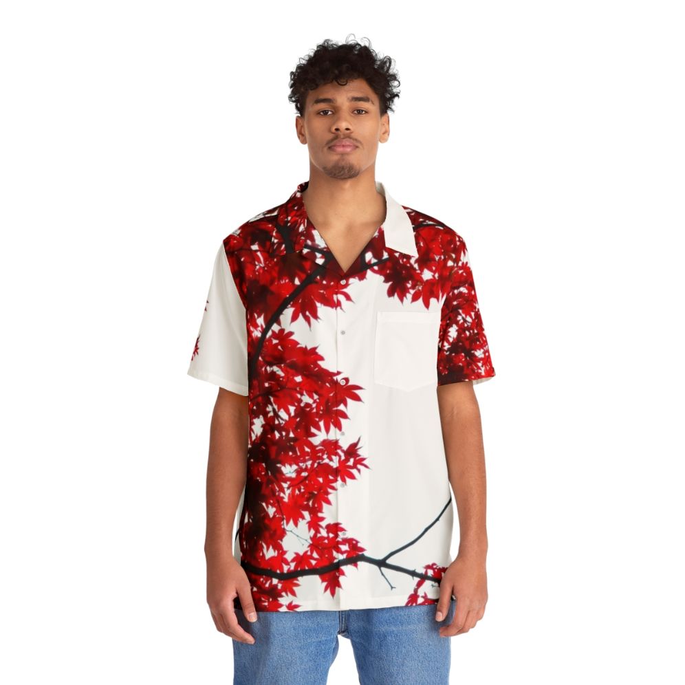 Koyo Hawaiian Shirt with Vibrant Red Maple Leaves - People Front