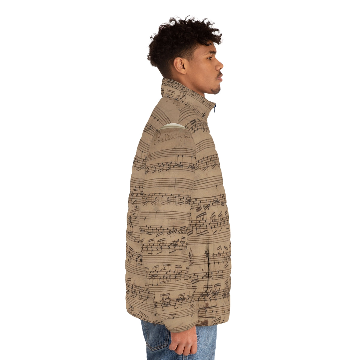 Puffer jacket featuring a musical score design with Bach's Baroque Praeludium notes - men side right