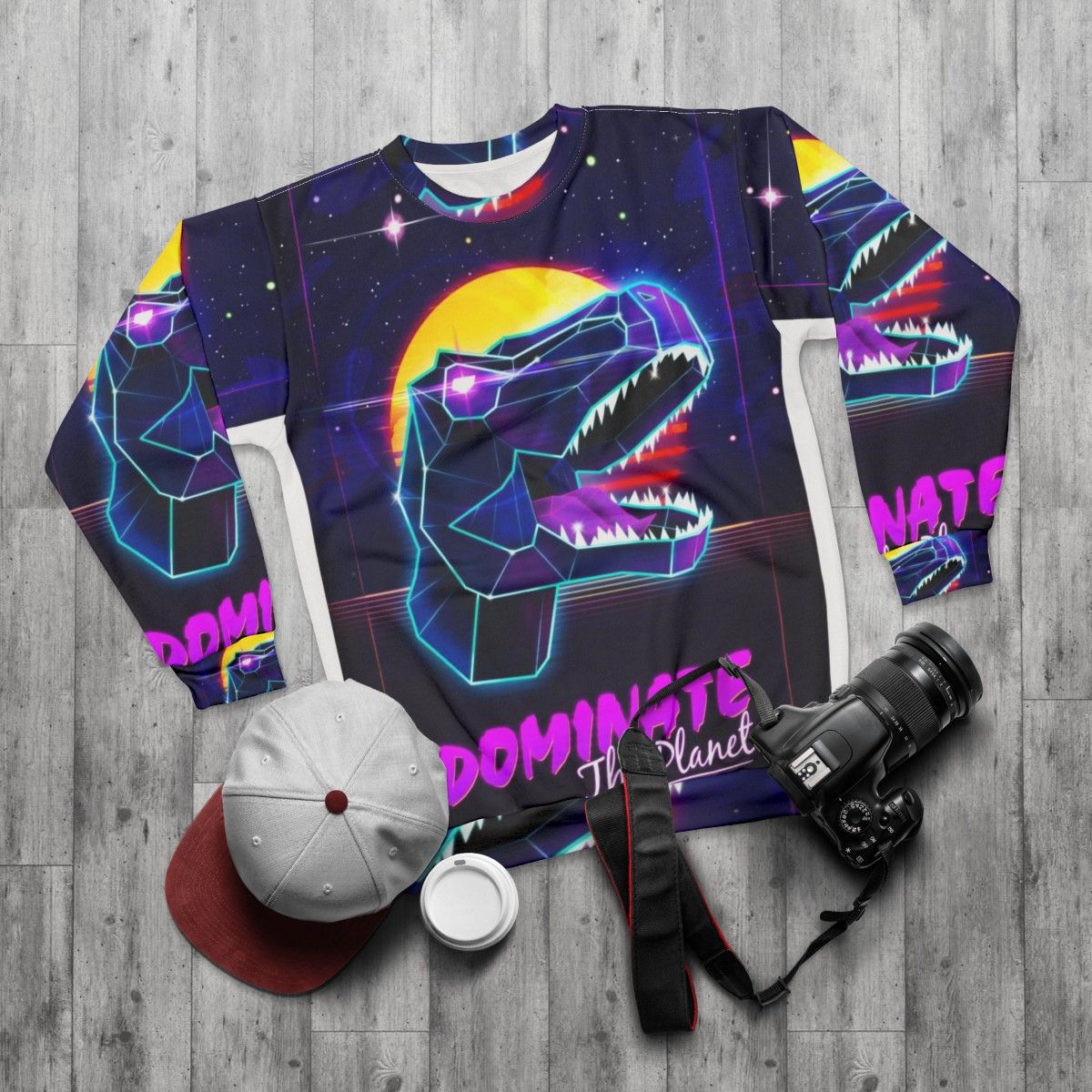 Electric Jurassic Rex Dinosaur Sweatshirt - flat lay