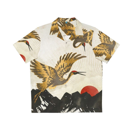 Elegant Hawaiian shirt with flying cranes and abstract landscape design