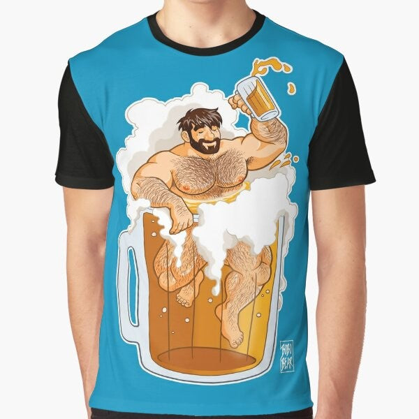 A graphic t-shirt design featuring a bearded, muscular gay bear drinking a big beer.