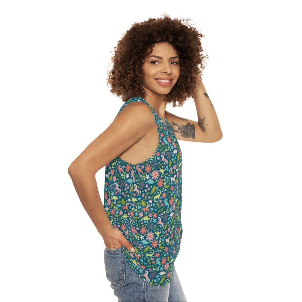 Dinosaur and unicorn unisex tank top with a floral pattern - women side