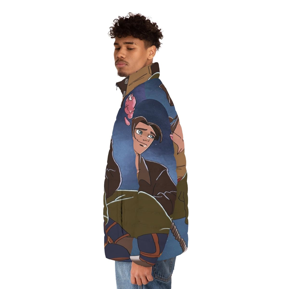 Treasure Planet inspired puffer jacket with space and galaxy graphics - men side left