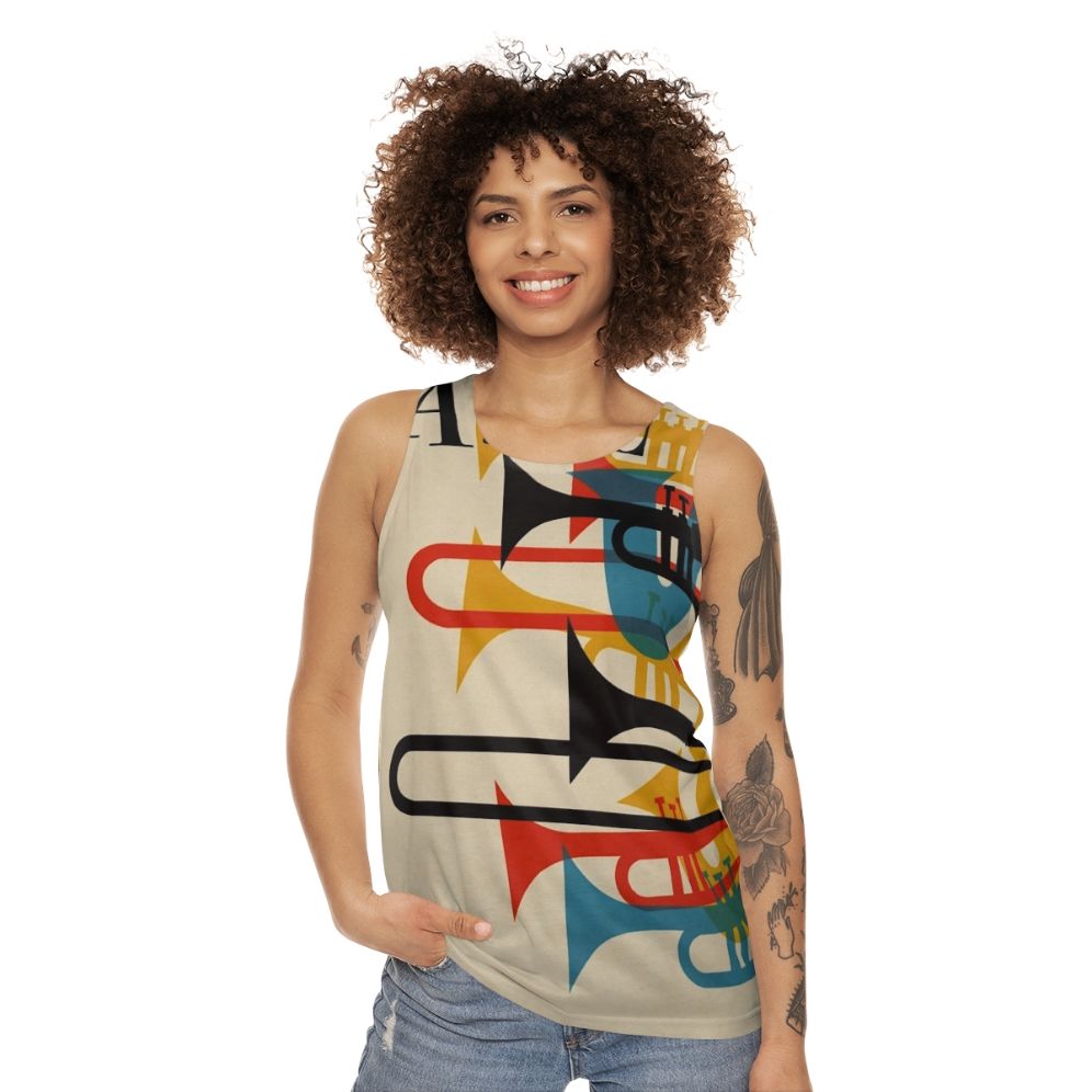 Jazz Unisex Tank Top with Saxophone and Trumpet Graphic - women