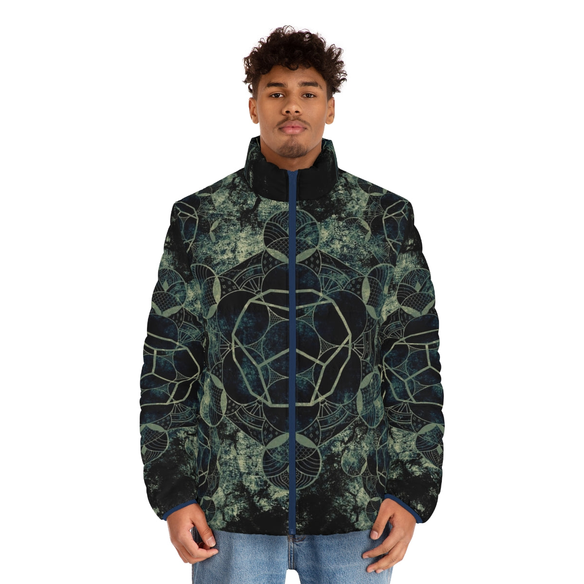 Sacred Geometry Spiritual Puffer Jacket with Mandala and Chakra Designs - men front