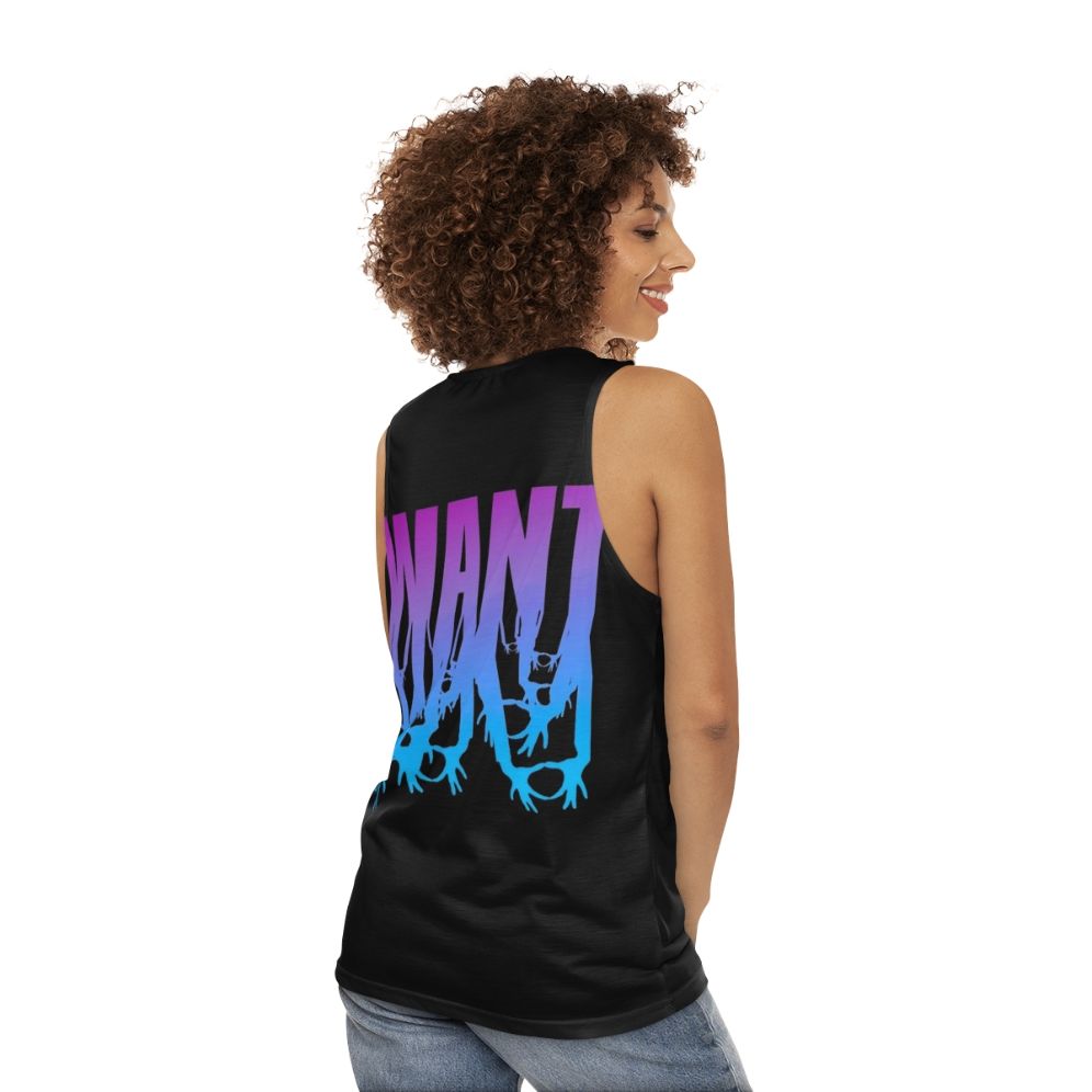 Unisex music fan tank top featuring 3oh3 band logo - women back