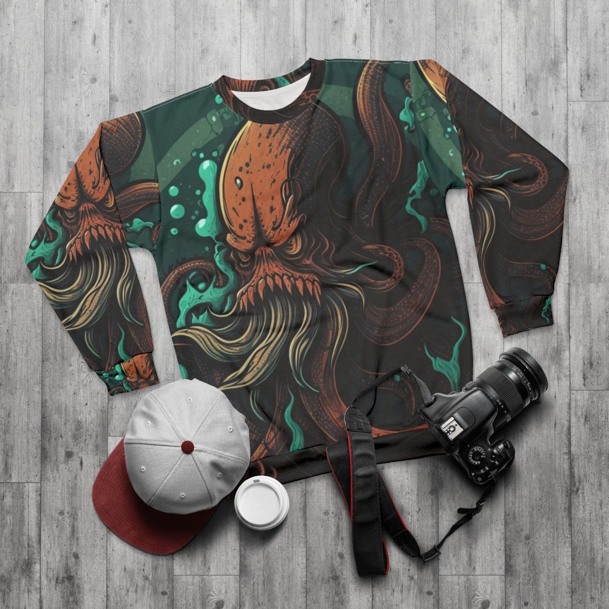 Sweatshirt featuring mythical sea creatures and legendary aquatic beasts - flat lay