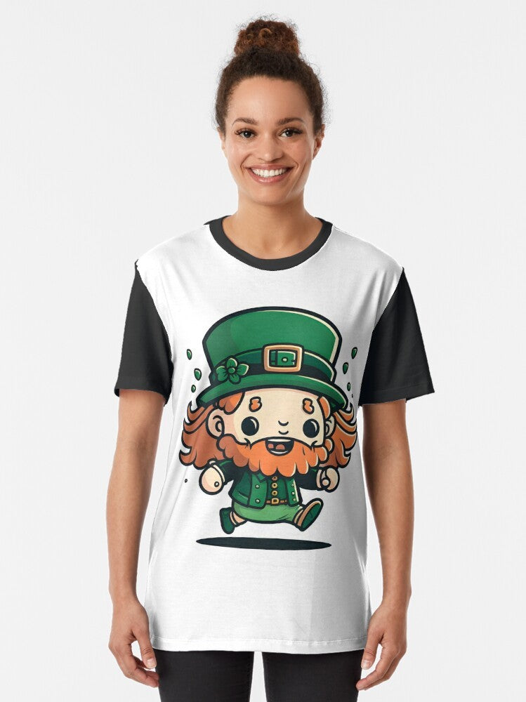 A happy leprechaun wearing a green hat and bow tie on a graphic t-shirt design - Women