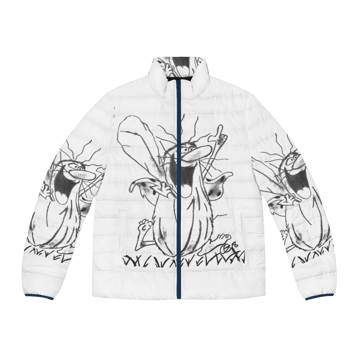 A puffer jacket featuring a hand-drawn superhero design with a cape and bold graphics