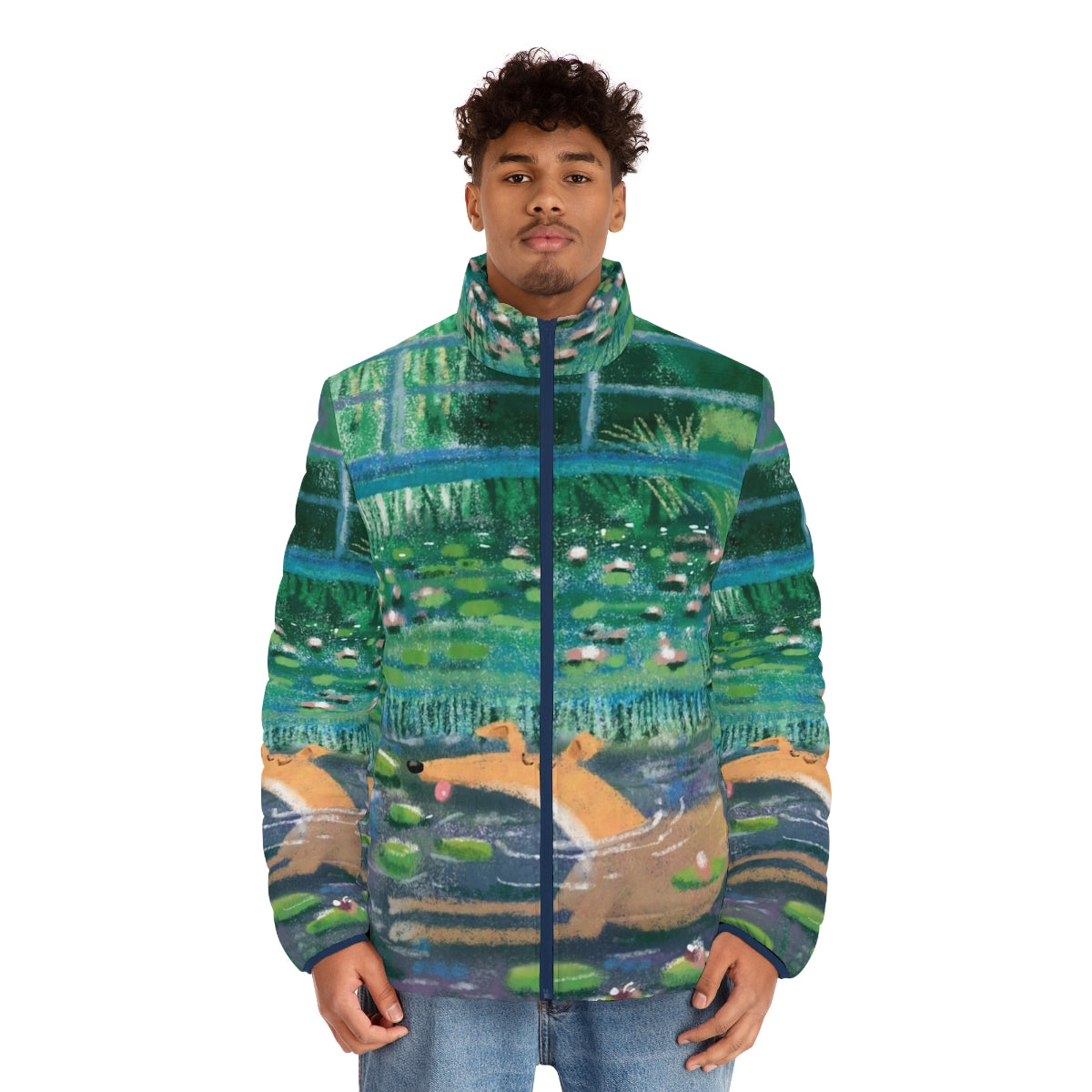 Greyhound puffer jacket with impressionist art design - men front