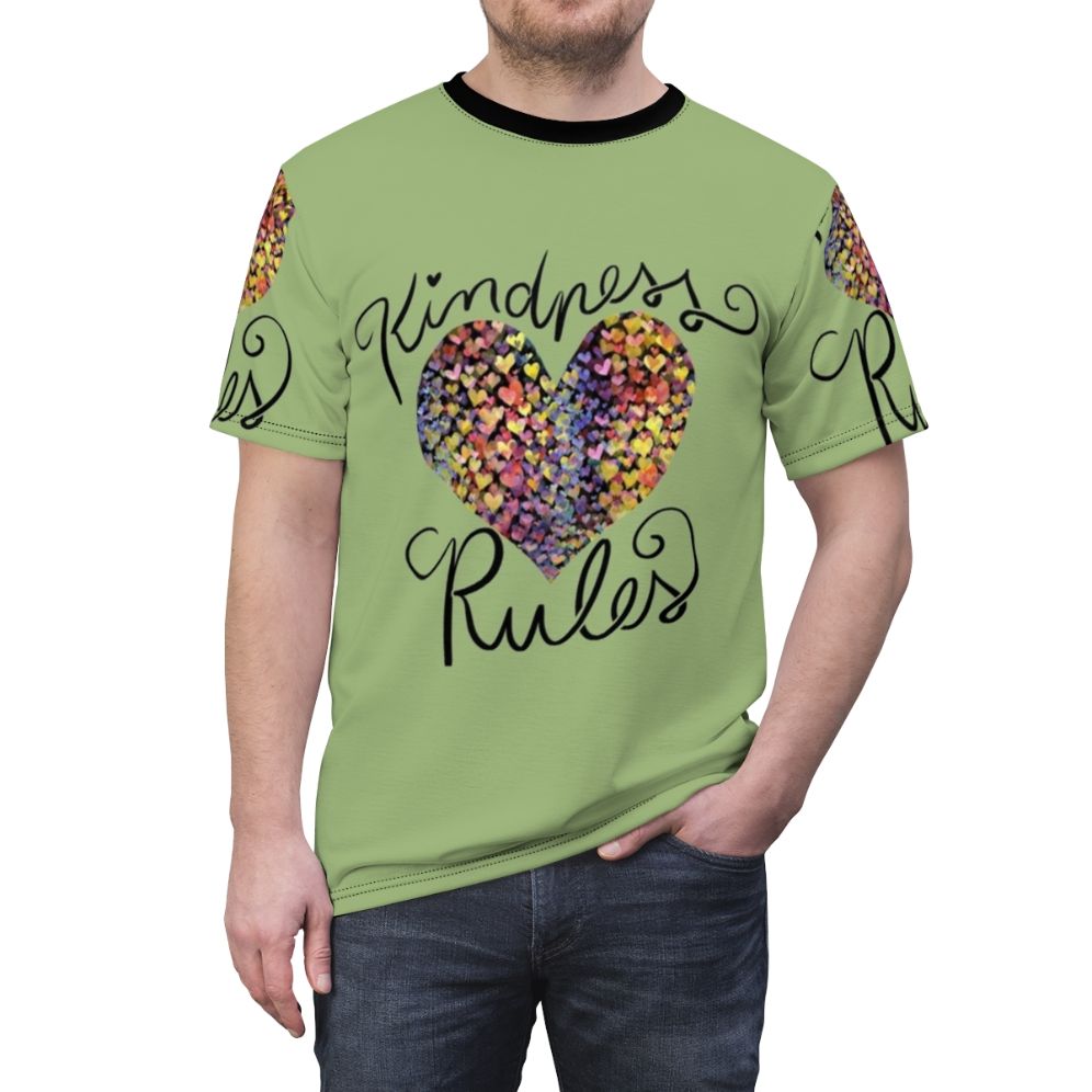 Colorful all-over-print t-shirt with the message "Kindness Rules" - men front