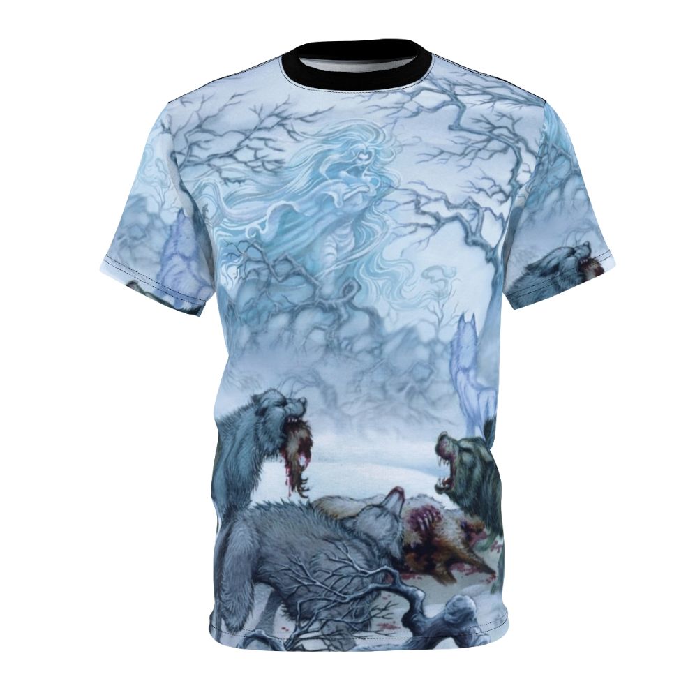 Enchanting fantasy art design featuring the wolf mother Timmain from the Elfquest series on a t-shirt.