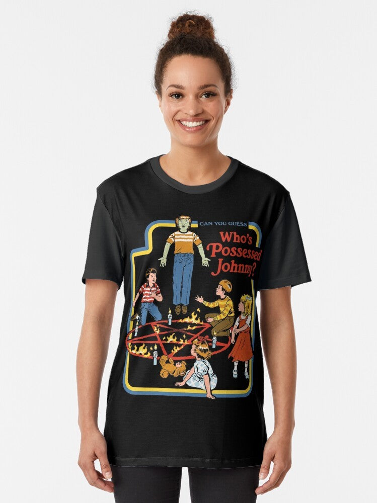 Retro graphic t-shirt with "Who's Possessed Johnny?" parody design in vintage 70s/80s style, featuring occult, demon, and horror elements. - Women