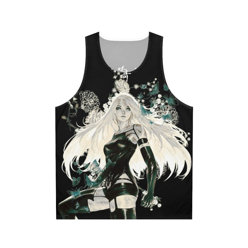 Unisex tank top with butterfly and floral design in a dark, fantasy style