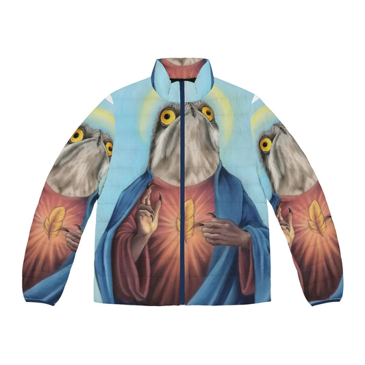 Potoo bird puffer jacket featuring a religious-themed design with the potoo bird as the central focus