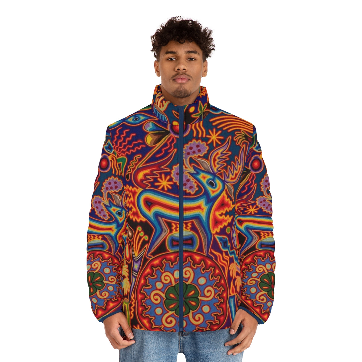 Colorful Huichol puffer jacket with abstract floral and skull designs - men front