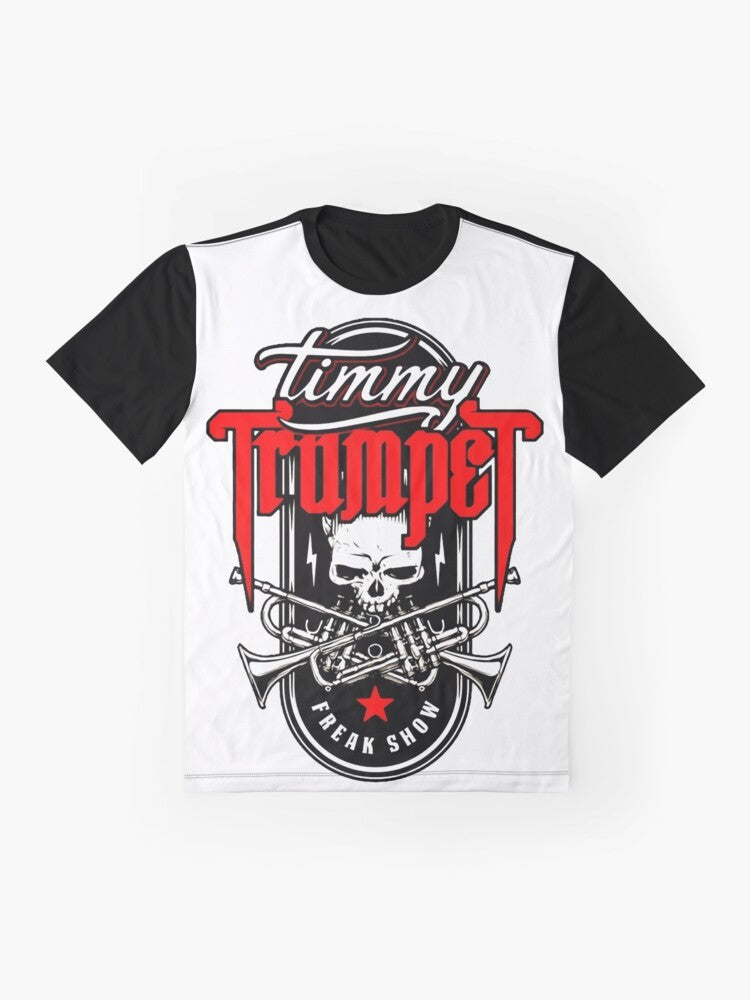 Timmy Trumpet grunge skull graphic design t-shirt - Flat lay