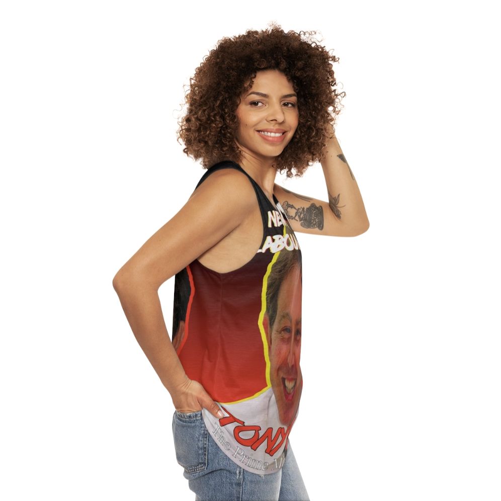 Vintage style unisex tank top with Tony Blair and Labour Party imagery - women side