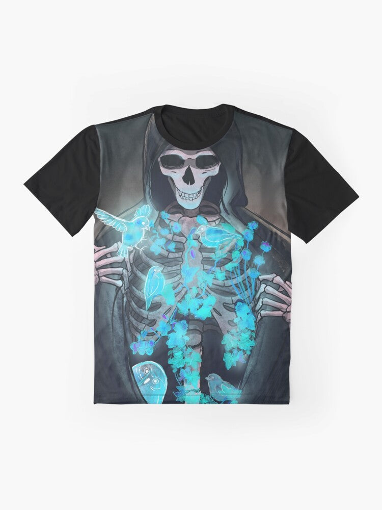 Dark graphic t-shirt with gothic design featuring a reaper, souls, and supernatural elements - Flat lay