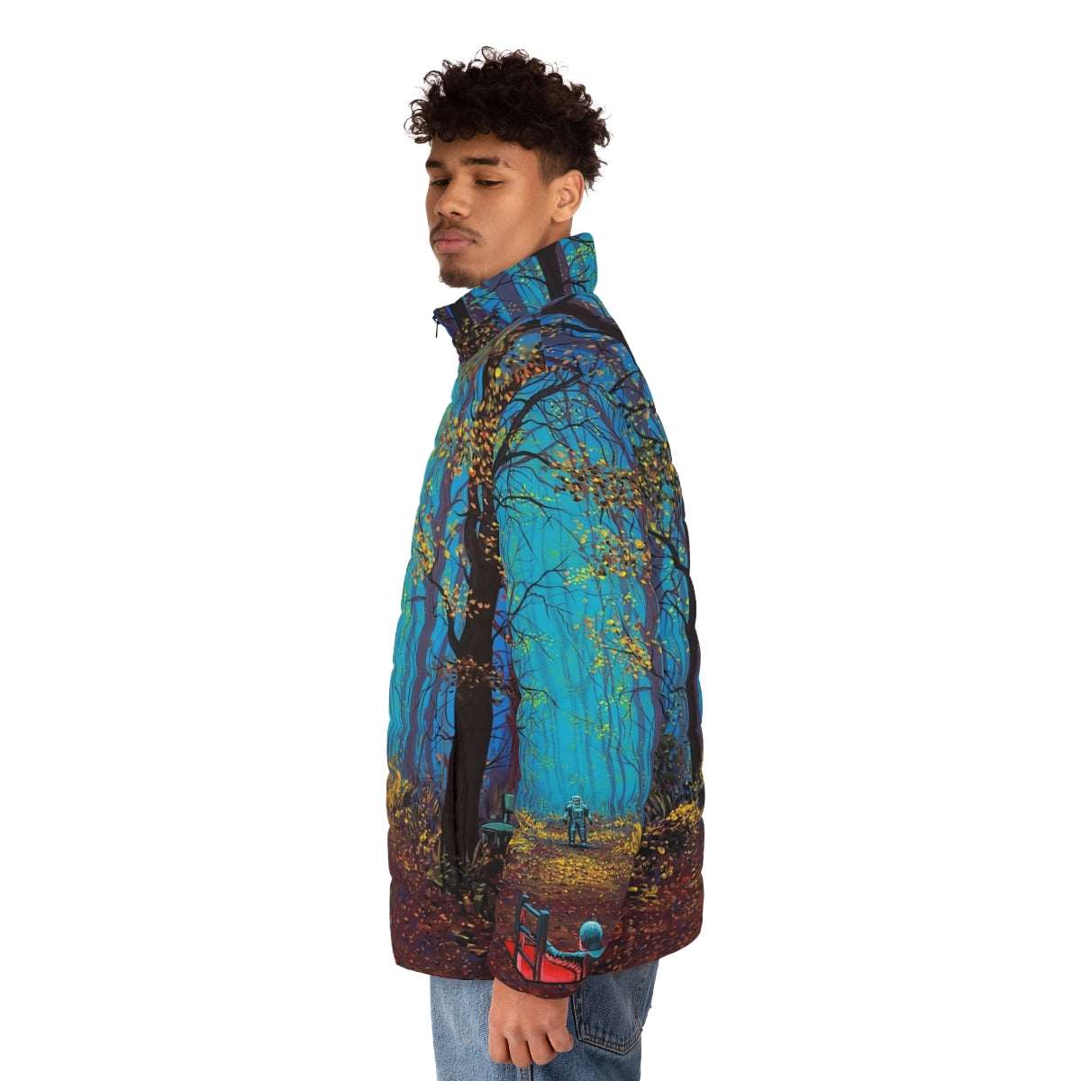 Puffer jacket featuring a space-themed, surreal, and psychedelic design - men side left