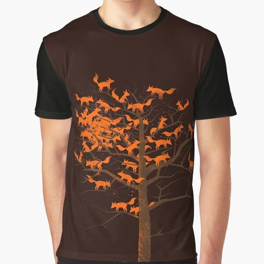 A vibrant graphic t-shirt featuring a mystical fox amidst a blazing tree, evoking the beauty of autumn nature.