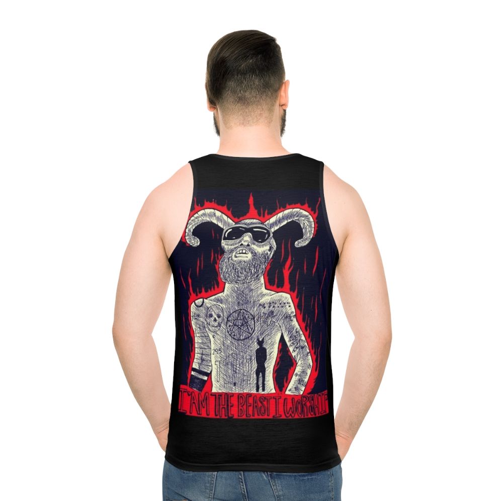 "Unisex tank top with 'I Am The Beast I Worship' design" - men back