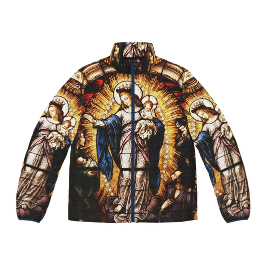 A puffer jacket featuring an iconic image of the Virgin Mary, the Mother of God.