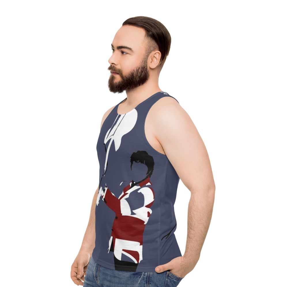 Unisex tank top with minimalist art of Pete Townshend's smashing guitar - men side