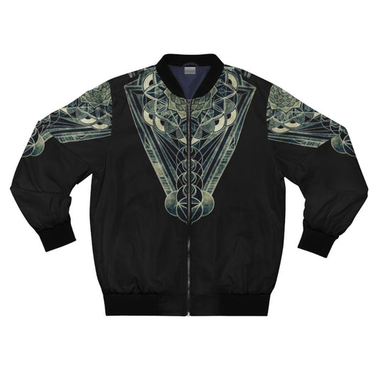 Sacred geometry bomber jacket featuring a cosmic design with mandalas, lotus flowers, and the flower of life pattern