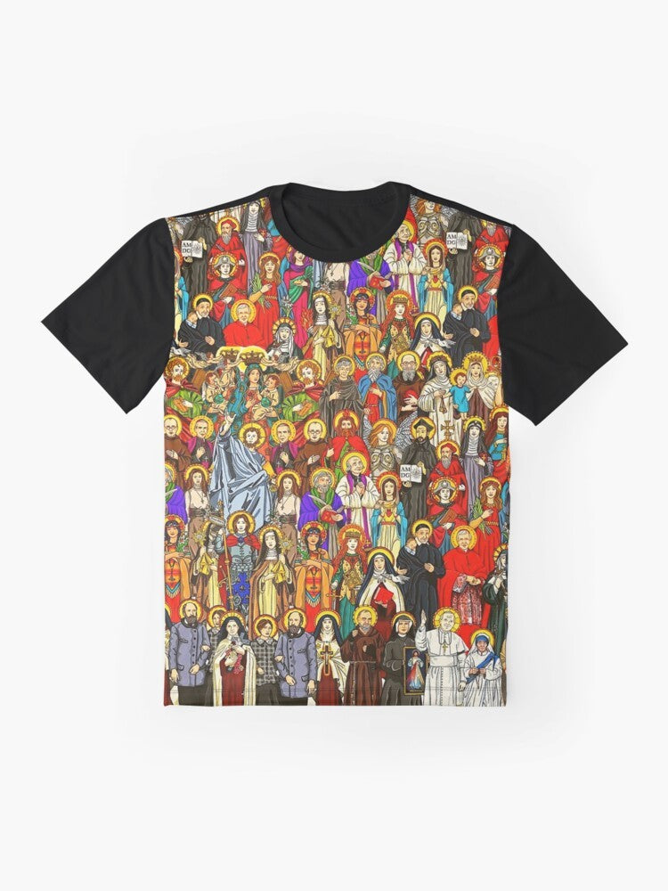 Catholic Saints Graphic T-Shirt with images of Padre Pio, John Paul II, St. Francis, St. Antonio, and more Christian symbols - Flat lay