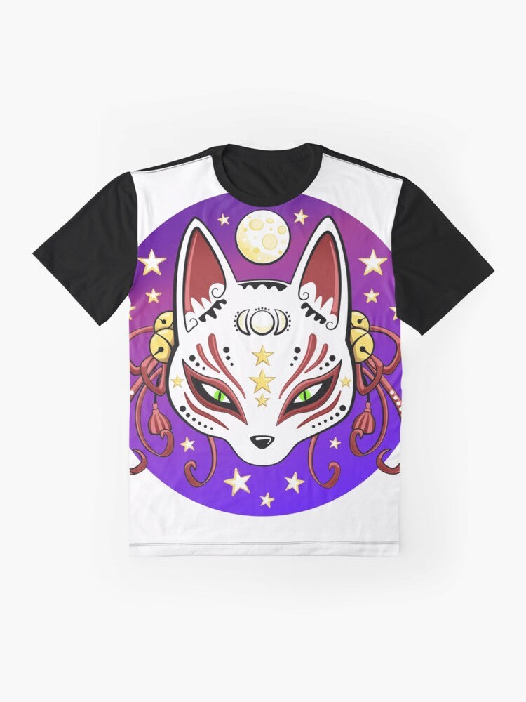 Cute and whimsical graphic t-shirt featuring a kitsune (Japanese fox) mask design with stars, moon, and magical elements. - Flat lay