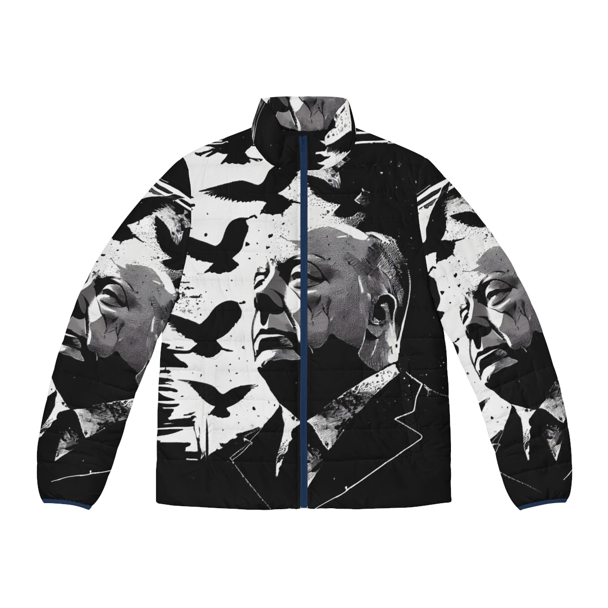 Alfred Hitchcock portrait puffer jacket inspired by the classic film "The Birds"