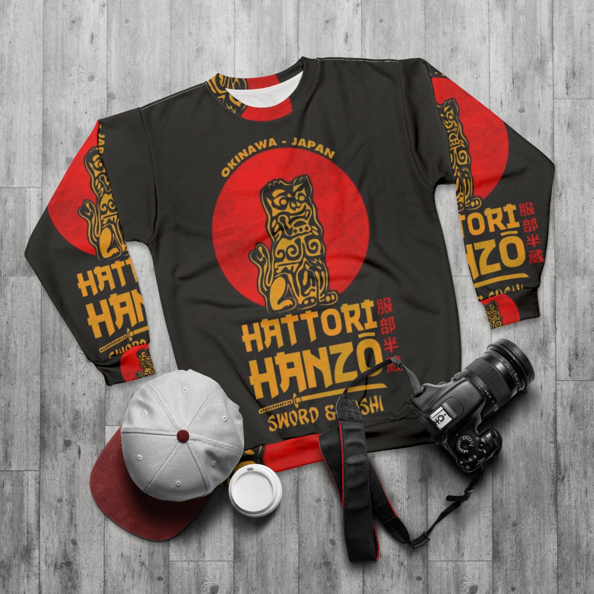 Hattori Hanzo inspired sweatshirt featuring Japanese samurai design - flat lay