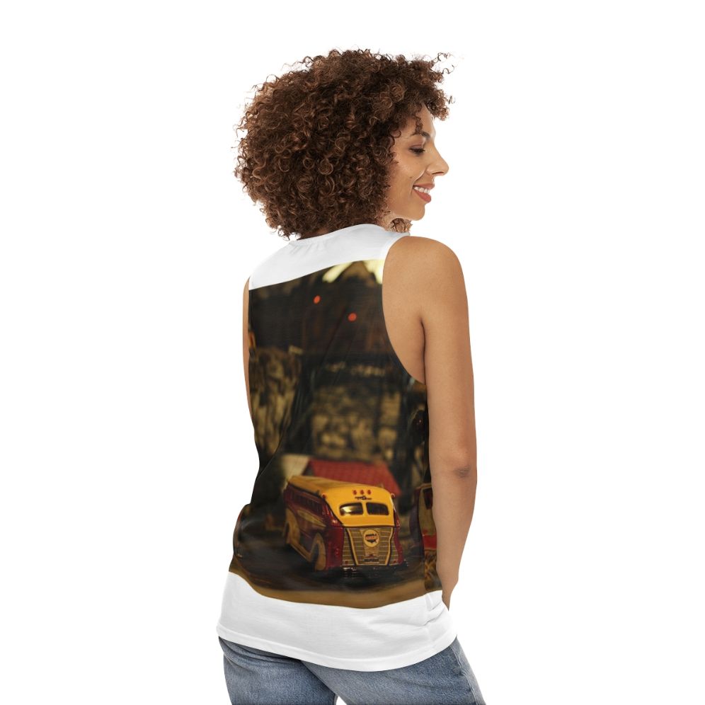 Unisex tank top with parked train design for model train hobbyists - women back