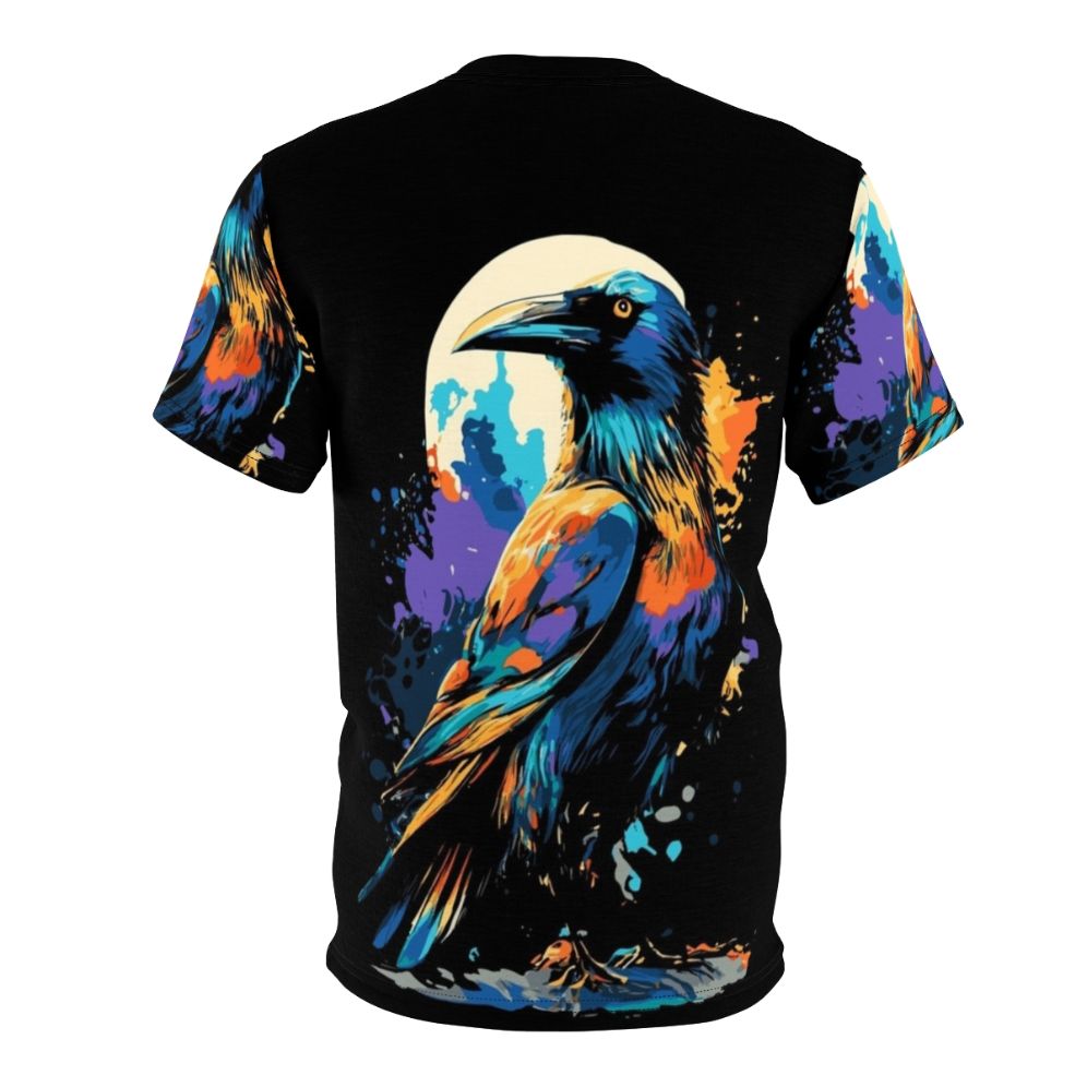 Colorful graphic t-shirt featuring a design of crows and ravens against a dark, moody background. - Back