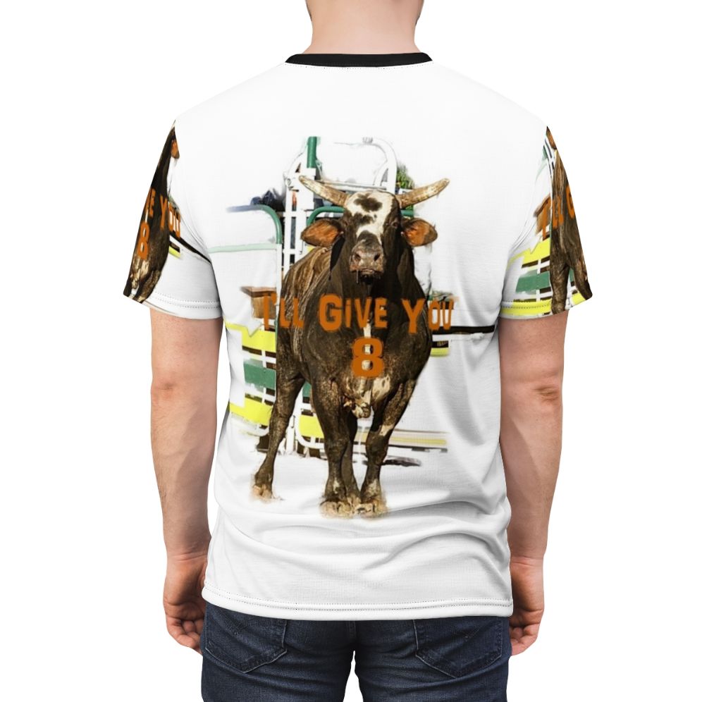 Stylized graphic art designs featuring rodeo bull riders and quotes for an extreme sports t-shirt. - men back