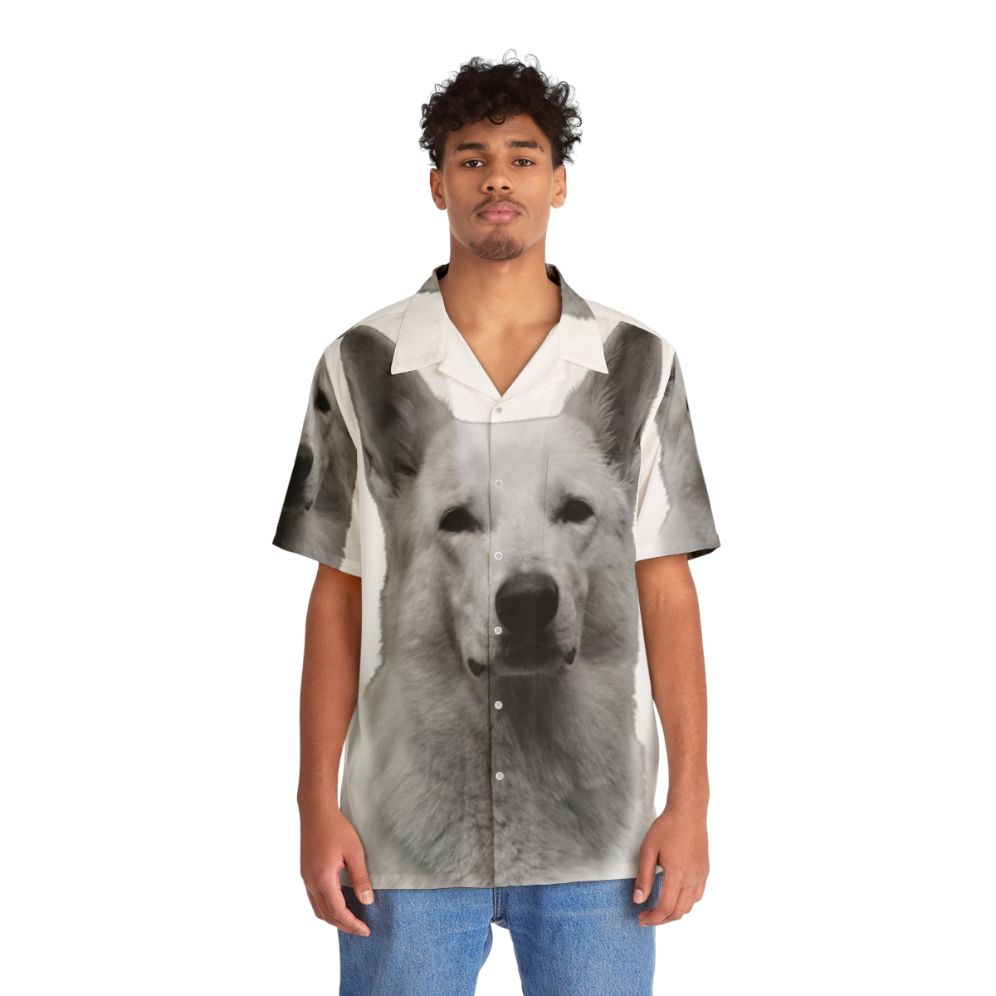 White German Shepherd wearing a Hawaiian shirt - People Front