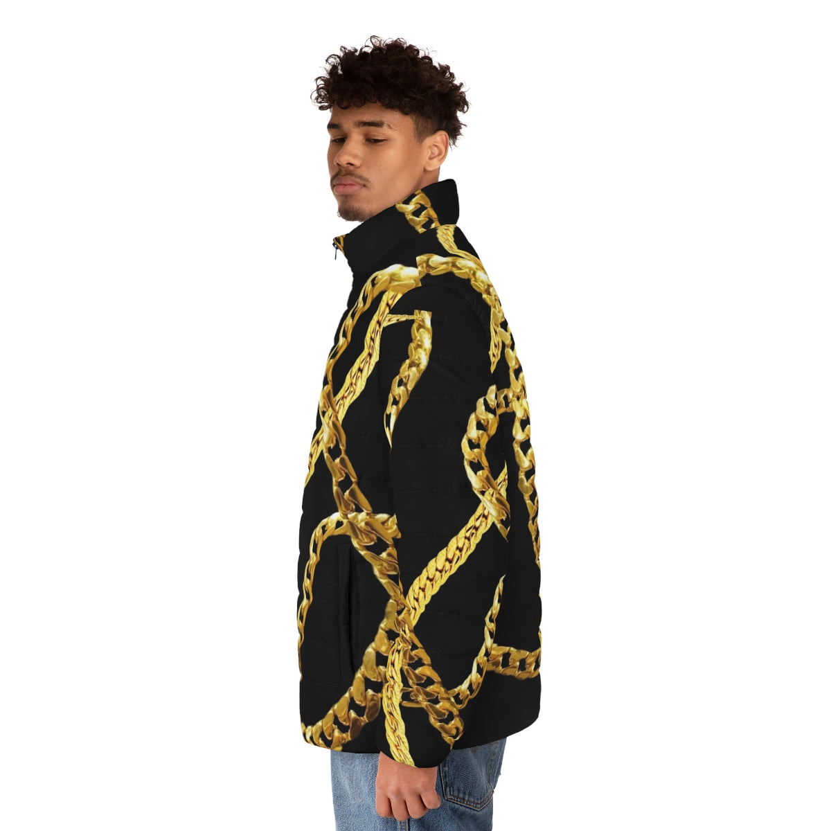 Stylish gold puffer jacket with gold chain detailing - men side left