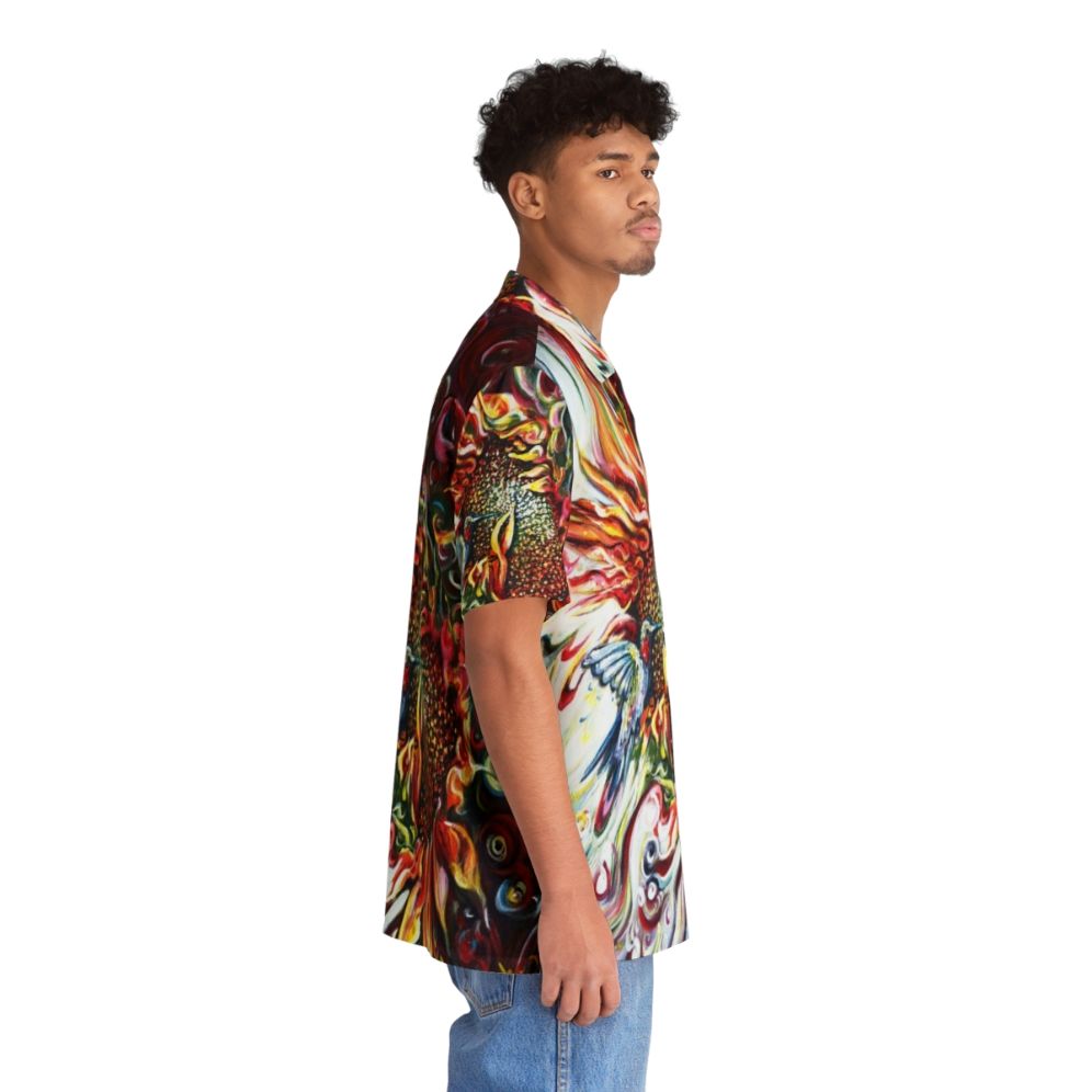 Sunflowers and hummingbird design on a colorful Hawaiian shirt - People Pight