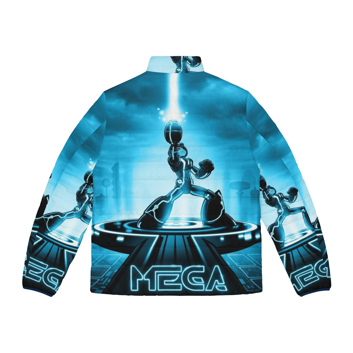 Mega Man x Tron Legacy Retro 80s Puffer Jacket with Iconic Video Game and Movie Characters - Back