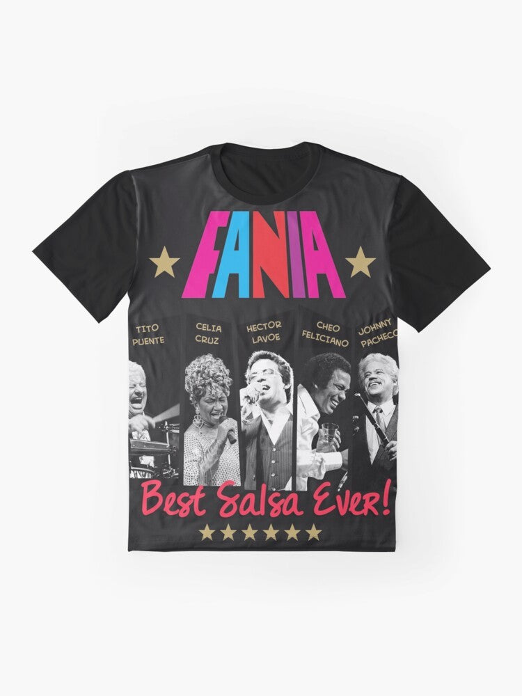 Fania graphic t-shirt featuring the best salsa singers like Celia Cruz, Hector Lavoe, and Tito Puente - Flat lay