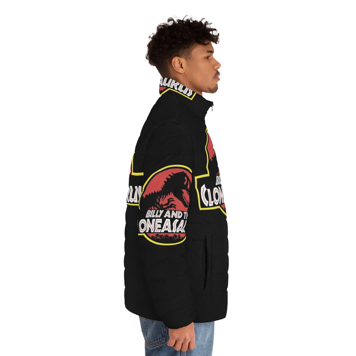 Billy and the Cloneasaurus puffer jacket, featuring The Simpsons characters - men side right