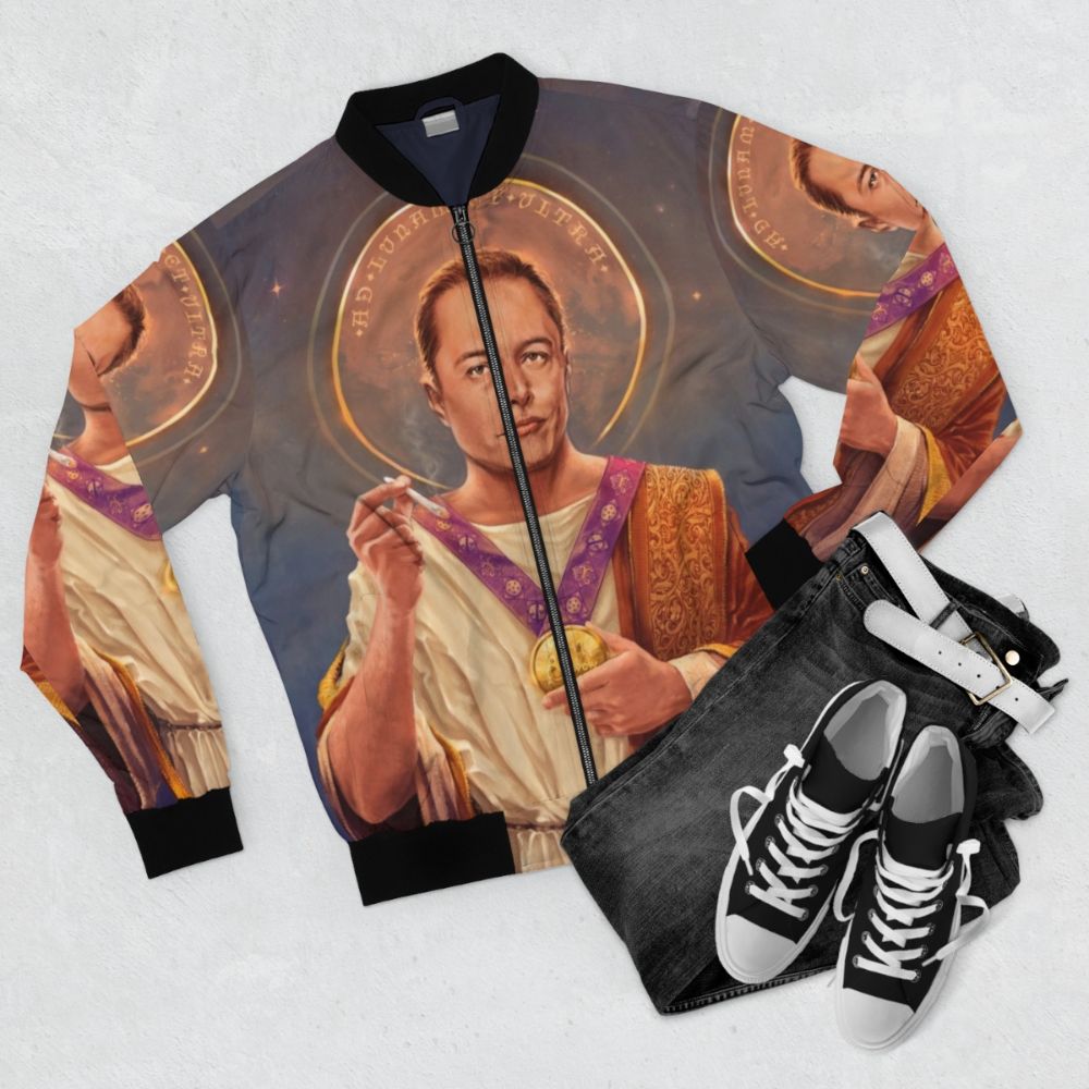 Elon Musk "Saint Elon" Pop Art Bomber Jacket featuring a religious-themed portrait of Elon Musk against a space background. - Flat lay