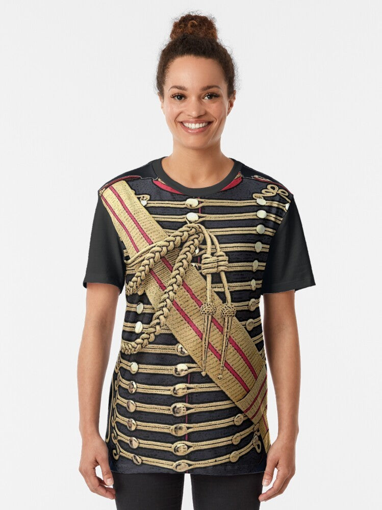 Graphic t-shirt featuring a simulated military uniform with a blue hussar jacket and gold trim - Women