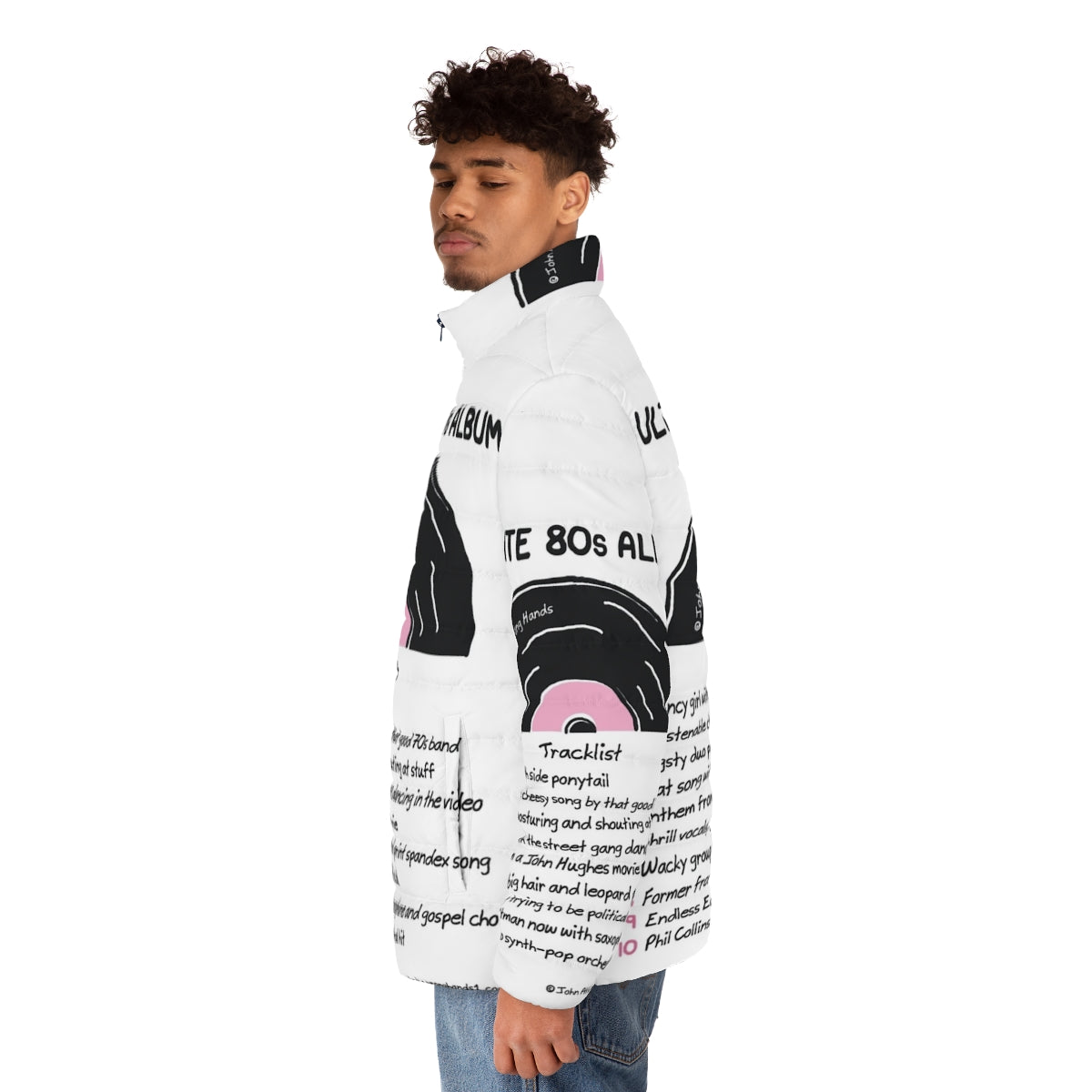 Puffer jacket featuring a retro 80s album cover design - men side left