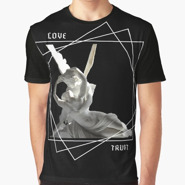 Psyche and Eros graphic t-shirt featuring a mythological design from ancient Greek mythology