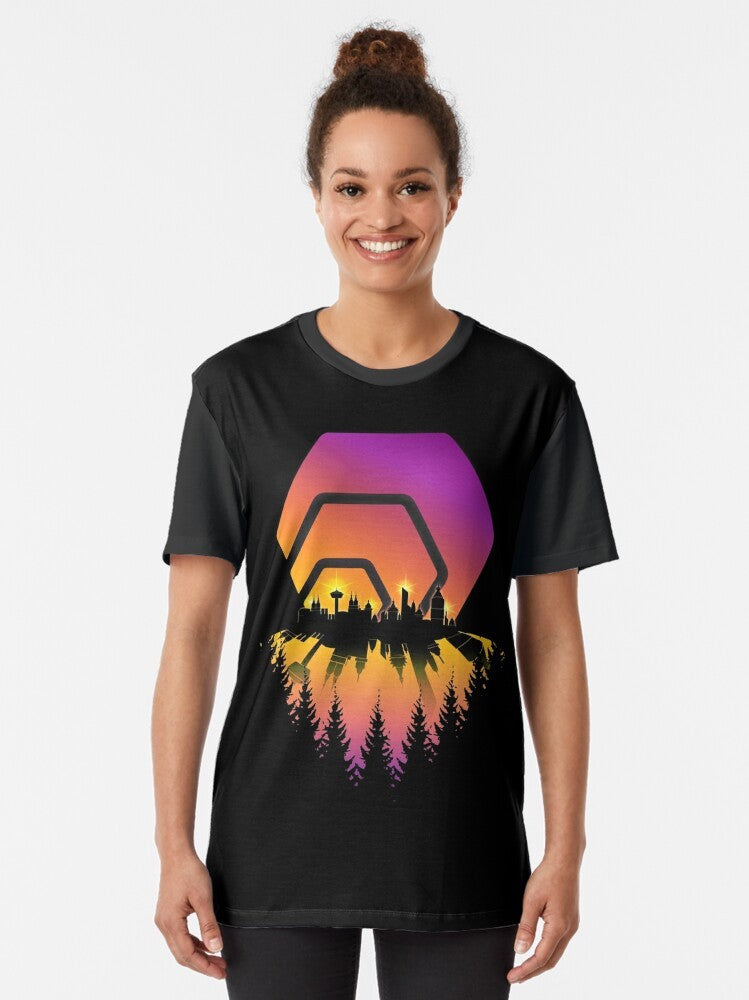 HEX Cryptocurrency Blockchain Graphic T-Shirt featuring a shining city skyline design - Women