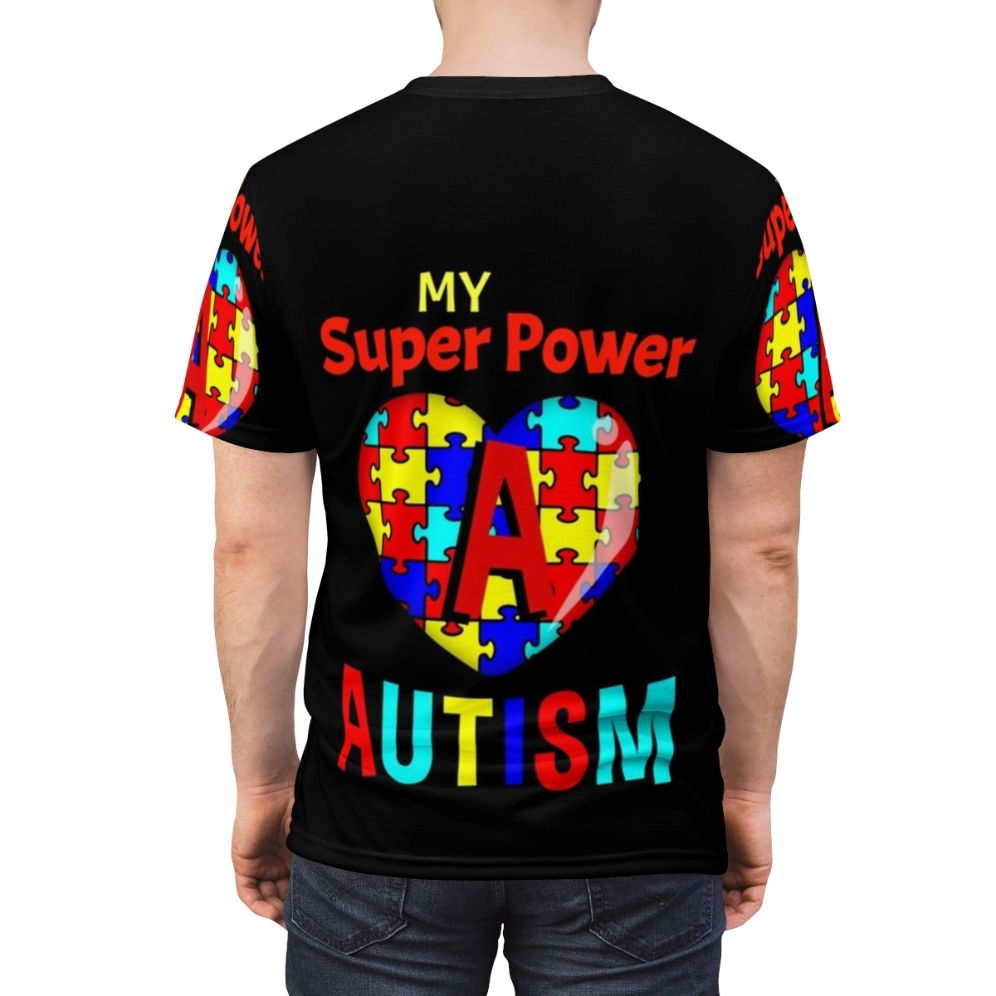 Autism superpower awareness t-shirt with puzzle pieces and heart design - men back