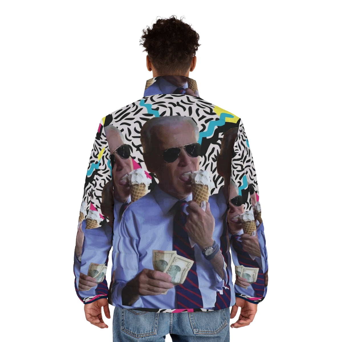 Man wearing a puffer jacket with "Biden FTW" design in a 90s vaporwave aesthetic - men back