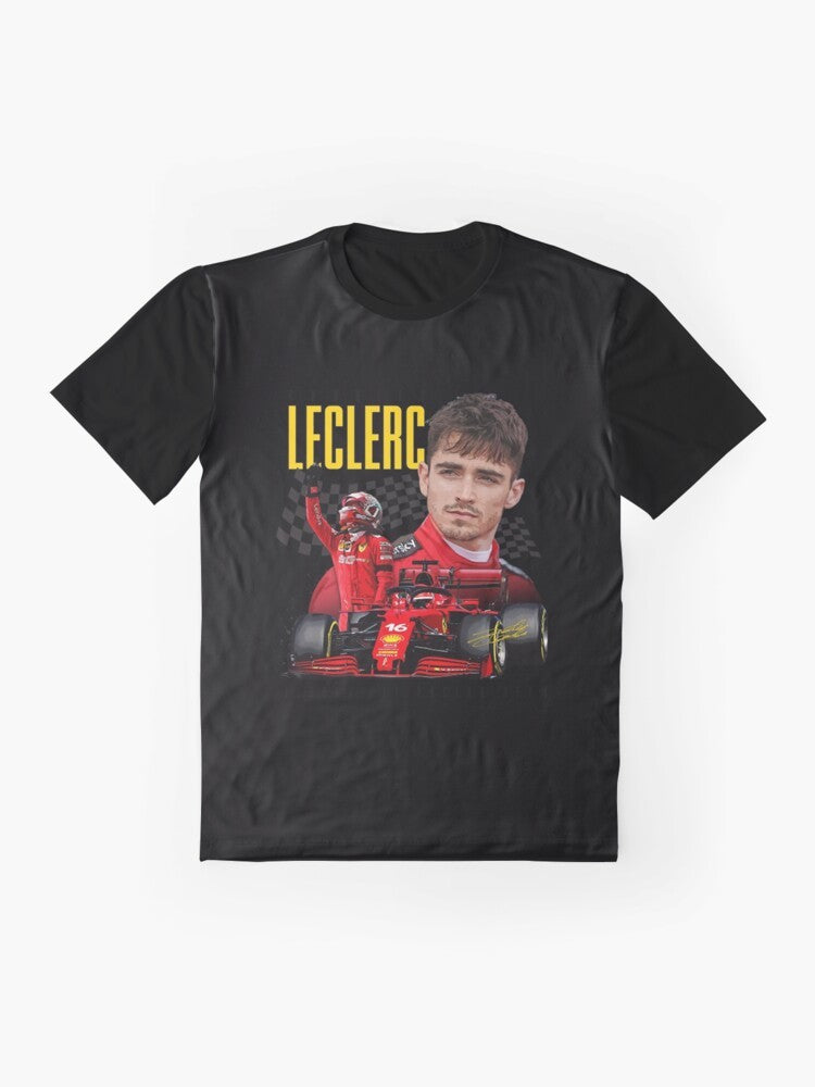 Charles Leclerc, Ferrari Formula 1 driver, wearing a graphic t-shirt with a Formula 1 design. - Flat lay